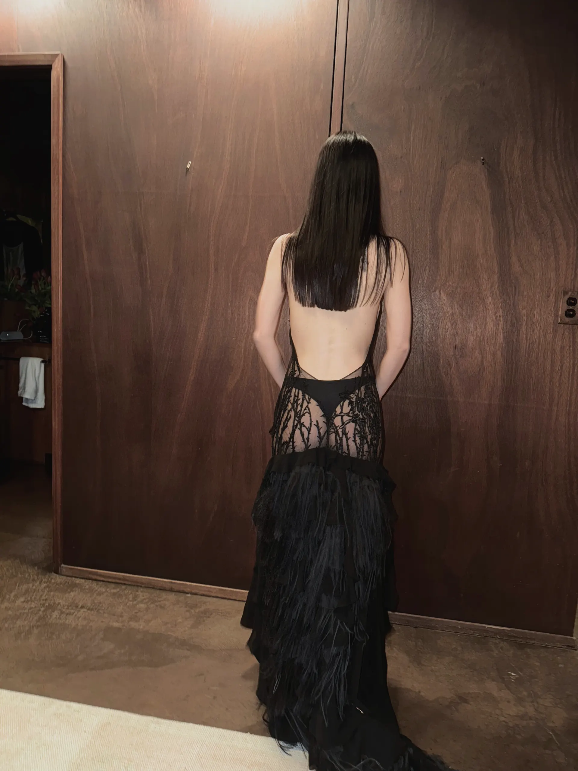 Sheer black gown with thorn embroidery and a tiered frayed chiffon skirt, back view with an open low back, worn against a plywood wall.