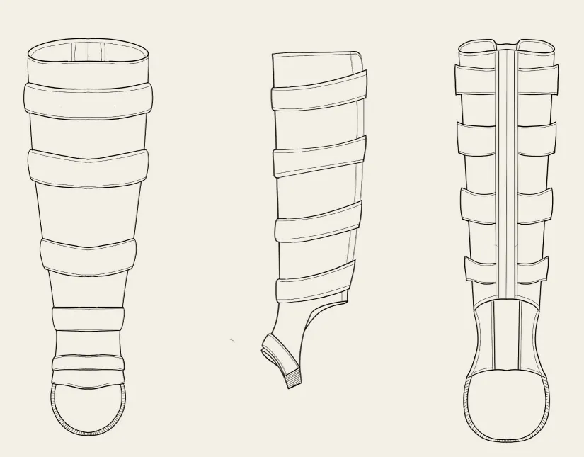A technical line drawing shows a knee-high boot or gaiter in three views - front, side and back - built from stacked horizontal bands over a shaped shaft, with a full-length centre-back zip and a rounded foot.